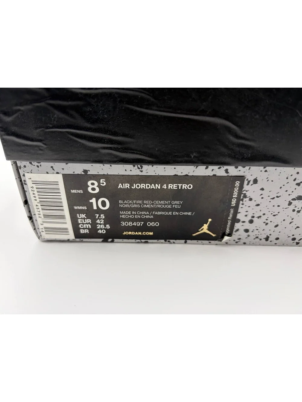 Nike Air Jordan 4 Retro Black Fire Red Cement Grey Size 8.5 Mens 308497-060